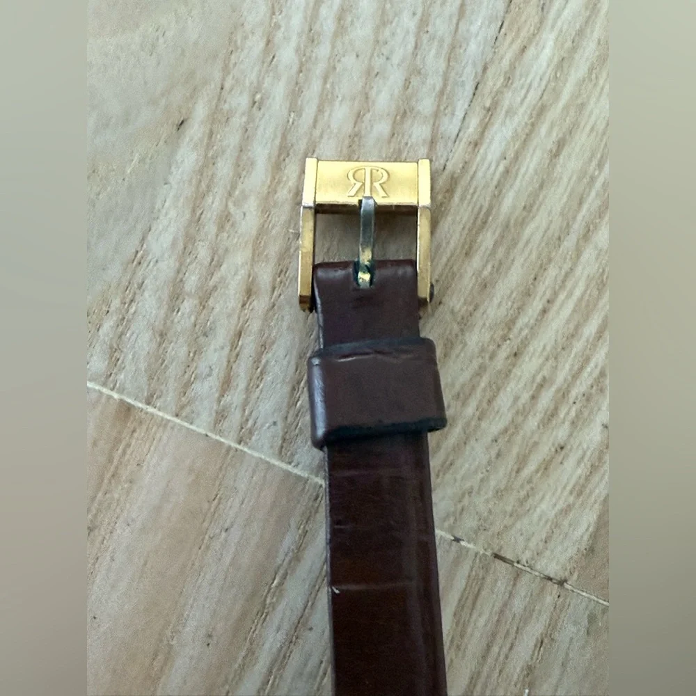 Revue Rare Luxury Ladies Watch Gold-Tone Rectangular Dial Brown Leather Strap